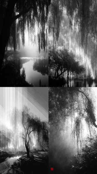 柳树下古典美女；呼吸感/breathing rhythm 2、交界处做羽化处理/feathering treatment at transitions 3、虚实渐变呼吸节奏/gradient of reality and illusion with rhythmic breath 4、轮廓光通透感/contour light translucency 5、动态雾气/dynamic mist 6、运用空气透视原理强化景深层次/applying atmospheric perspective to enhance depth 7、禅意古风/zen-inspired ancient aesthetic 8、留白/leave a message 9/韵律线条捕捉动态张力/rhythmic lines capturing dynamic tension 10、明暗对比塑造立体层次/light and shadow contrast for dimensional layers 4k画质