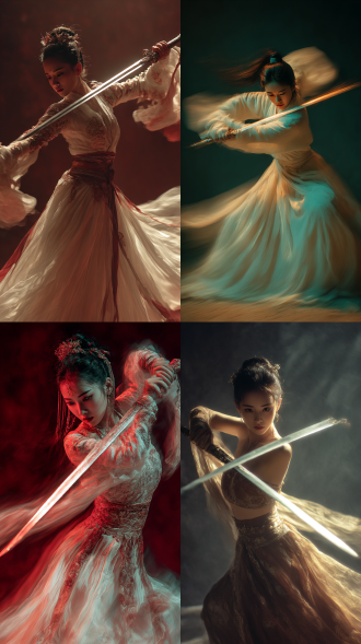 摄影风格，凌厉舞单剑，东方妖姬，古风，重影、动态模糊、边缘强光，富有张力，剑光拖影，招式精奇，注意握剑姿势，出神入化，细腻精准刻画，电影质感，高清，3d立体感