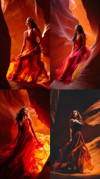 人像摄影 羚羊谷 美轮美奂的奇幻光影大片 大长腿美少女穿着红轻纱 气质美人 身材丰满 风吹红黄纱 随风飘舞 美轮美奂 全身 随意夸张姿势 脚特写镜头 广角镜 仰拍视角 胶片质感 8k超高清