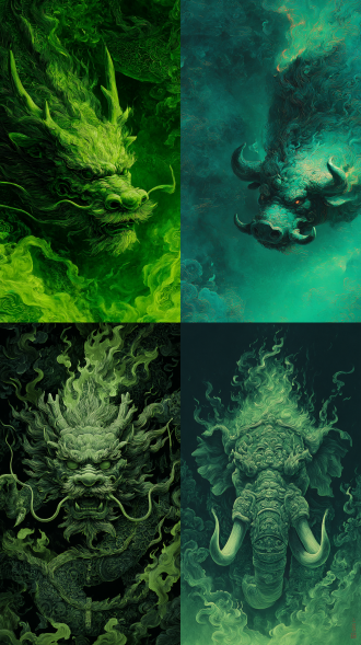 国风厚涂，重彩油画，复杂国风纹理，空气拉丝，饕餮神兽挣脱暗绿色地狱之炎，高清8k，电影质感。全身被幽绿色魔焰笼罩，气势磅礴，极致威压，神话巨物，背后火焰与獠牙交织，仰视动感，高清动态壁纸，高级感，大师杰作。