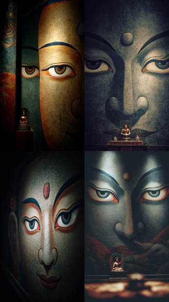 胶片摄影，对焦模糊，灰色强侧光，唐卡配色，高曝，过曝，暗调，伦勃朗光，强烈明暗对比，高反差。 壁画上是一双藏传佛教的佛眼，象征着智慧。暗黑玄幻 神秘，严肃，让人看了内心获得宁静与富足感。 壁画前的佛龛里是一座莲花生大师的全息像。 肌理质感，情绪氛围感拉满，奇特视角，胶片颗粒感，慢快门，朦胧美学，层次感，中式梦核，正脸特写，大师构图，巨物恐惧，超清64k