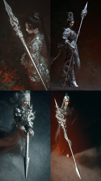 五官精致身材修身穆桂英，鎏银螭龙纹亮银色束发长发，身着亮白华丽繁杂战甲，手持带有盘龙纹浮雕、矛身亮银、矛头华丽尖锐且矛头指地的龙胆亮银矛，全身形象，处于四周昏暗的场景中，暗黑摄影风格，极低角度仰拍镜头，可见矛头和鞋头，黑暗系、艺术氛围感强的氛围，高细节、高清晰、有涂抹感和肌理感、大笔触、色彩冷暖对比、强透视、非传统构图的修饰，二郎显圣真君下凡