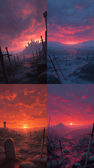 在古代战场的黄昏时分，呈现出一幅宏大的全景画面，周围是一片死寂的剑冢背景，空无一人，唯有残阳如红，映照在荒芜的战场上。