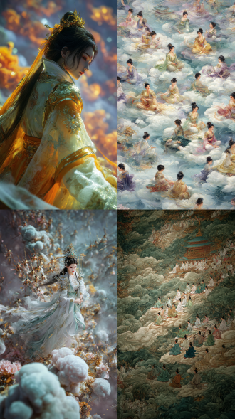 写实摄影，超清晰，人物表情细腻，天庭，仙界，天兵天将，很多悬浮的宫殿，一大群个仙女仙人天兵盘膝打坐坐着云飞行上班，人数数以万计，铺天盖地，衣服颜色款式不同，看见的是他们的背影，仙人自带各色光芒护体，超广阔大场景，电影画面，32k高清