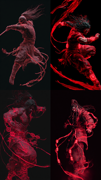 暗黑中式美学，全身大司命攻击姿态，红色符咒环绕，丙烯颜料质感，黑色背景，动态捕捉，肌肉线条紧绷，长发飘动，符咒发光特效，明暗对比强烈，8k超清细节