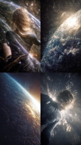 艺术摄影，外太空，浩瀚的宇宙，地球大气层，太阳光从地球侧边照向镜头，聻死鬼飘在太空中，浮动的长发，紧身衣，大远景，颠倒构图。hdr写实质感，不合逻辑，珠光，反光，暗夜，抽象，意识流，梦核，光线暗、能见度低，有噪点暗角。艺术感强。画面有辉光、耀光、雾感，融合惊悚与梦核元素，梦核美学，数字噪音与失真效果，从错误中寻找创意，对现有系统的颠覆与重塑，强烈的光影对比，仰镜头,强烈的对比色碰撞，惊艳，意识流，随机背景，柔和侧光渲染，写实，失真故障质感暗金色点缀，空间交错、电影镜头、(真实感: 1.5)，柔和的色彩，（鱼眼: 1.1)，全景航拍，微光，宿命感，华丽，曜变，仿佛命运的丝线正在被无情拉扯，充满了神秘而紧张的氛围。ue5渲染，电影级质感，胶片质感。