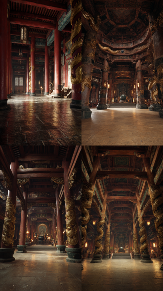 盘古神殿内部中景 超高清8k 超现实风格 3d虚幻引擎渲染 厚涂质感 广角镜头 显微级物质细节 极致光影层次 明暗对比强烈 现实场景 无人物 洪荒古朴石殿 穹顶高九丈九尺 三十六根蟠龙金柱支撑描金藻井 镶嵌幽蓝夜明珠光晕 中央玄晶玉髓雕盘古神像 开天辟地姿态 右手握巨斧 左手托阴阳无极混沌球 地面翻涌暗红能量