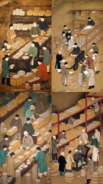 中国清代山西大型票号的地下金库，票号掌柜正组织伙计门清点银两。掌柜的坐在太师椅是，伙计们有的把金银装箱子里，有的查验银票，有的往货柜上码放银元。高低错落，主次分明。高清画境，中国风油画风，伦勃朗油画风，