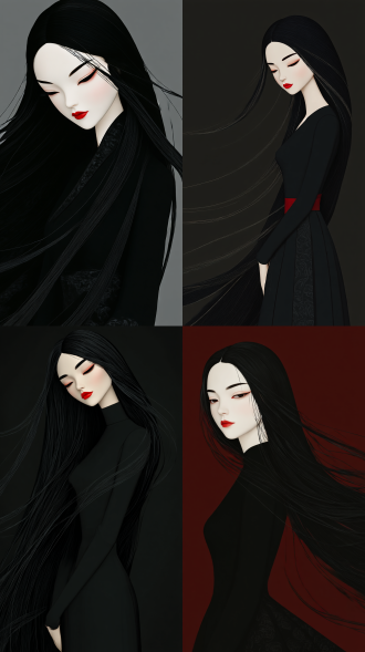 御姐，国风插画，黑色服饰，白面红唇，公主切的黑色长发披肩，碎发拂面，长发飘逸，半睁眼，高冷，慵懒、蔑视、be美学，黑发，纯色背景，b j d