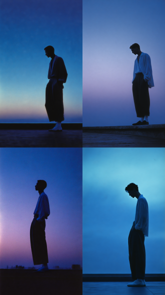 a male model's alluring silhouette stands against the deep blue twilight sky on a minimalist, pre-1998 rooftop in japan. the mood is contemplative, vast, and lonely. he wears a simple, open shirt, trousers, and stark white socks. the sensuality is in his solitary communion with the dying day. steven meisel for vogue. 1999s kodak brownie hawkeye, reversed lens, extreme soft focus, capturing twilight tones, pincushion distortion. kodak verichrome pan t-grain, aged print, f3 contrast.