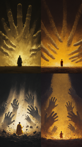 渺小神僧背后出现金光覆盖的突破地面出现的七个掐着法咒的巨手掌，摩柯无量，黑暗时刻。插画，笔触，肌理，光绘，非传统构图，打破常规，质感强化，磨砂，涂抹感，光影对比，渲染，画布颗粒，光影交错。巨掌天降，震击大地，毁天灭地，神话降临，破灭世界，星光爆炸，地壳破碎，风旋涡，泥土飞溅，碎石飞天。