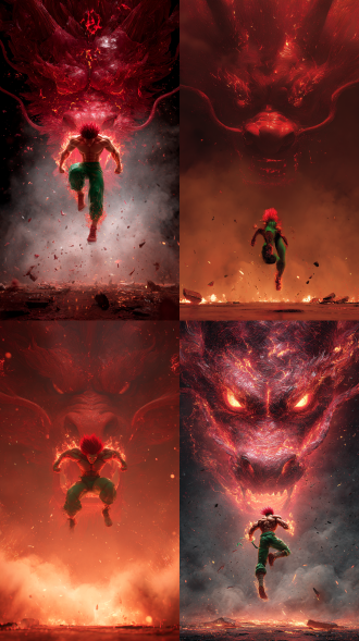 粒子组成的赤焰厚涂，粒子发光，3d，极致高清，逼真写实，超现实主义，柔美，梦幻，浪漫，唯美，极致细节，体积发光。一个男人身材健硕，穿着绿色紧身裤，红色爆炸头怒发冲冠，全身被火焰包裹，身上呈现岩浆状能量形态，第一人称视角（pov），飞身破框飞踹，脚部特写，破碎，凌乱，火星碰撞飞溅。巨大红色拟态龙头（面部狰狞，有粒子火焰纹理 ）、烟雾（深色，营造战斗氛围 ）、破碎地面（带火花，凸显战斗激烈 ）。中心对称，人物居下，龙头在上方，形成压迫感，烟雾从两侧及下方烘托，突出战斗张力 。