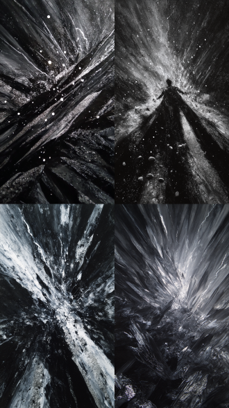 丙烯颜料，暗黑，张扬，黑白色调，银色闪光，黑袍，直刺前方，速度模糊，动态模糊，抽象，飞沙走石，阴暗画风，充满张力，杀意，雷电傍身，摧毁一切，灰色，颜料的涂抹感+肌理感，虚实反复穿插，非传统构图的艺术，反射，微光，宿命感 ，抽象，艺术，千军万马，哥特式风格，大暗黑天，神兵玄奇，充满张力，流萤若火