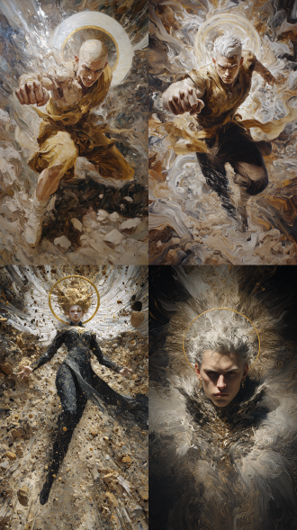 厚涂风格写真，全身，肌肤白皙，充满野性，设计感十足，背景白金佛光杂糅晕染，丙烯颜料，张扬，色调，光，速度模糊，动态模糊，抽象，飞沙走石，阴暗画风，充满张力，杀意，高锐度，杀魔神，打戏，爆发式表演，霹雳武侠，玄幻风格，戏剧性，颜料的涂抹感肌理感，张力拉满，圣子，拳拳到肉，造型艺术，山崩地裂，帔帛轻盈飘逸的形态，超凡脱俗的气质，超凡入圣，一拳开天，极致宏大的天神降临场景，迸发油画质感的高密度能量涟漪，神性与妖异完美交融，诸天神佛，文殊菩萨，高高在上，身后金光神佛虚影，精细描绘身上每一个结构细节，展现外部复杂精细构造，花纹有独特立体感,虚幻引擎5渲染场景，远景，广角镜头，全身镜头，对称画面真实3d建模，大师级制作，古神风格，强调古神风格，全身特写，全景深，震撼感，史诗感，身材壮硕，尖锐设计，纹理精细清晰，无限细节，反光，金白黑配色，光暗对比