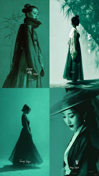 photo by clem ono，极简主义，纯色背景，葱绿+黑的配色，东方意境，光影，肌理磨砂，通透，竹影，缥缈，虚幻，下方白色书法小字“宋韵”，宋代少妇装束