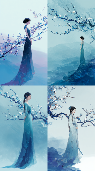 一位腰肢极细的优雅女性身着渐变拖地不规则长裙礼服，裙摆如波浪般轻盈流动，旁边有一支斜横的工笔画风格中式梅花枝,朦胧写意且有模糊动感视觉效果的背景，以清新柔和的蓝色深蓝渐变色调为主,艺术手绘插画,远景,梦幻、宁静悠远、富有诗意与神秘氛围,优雅