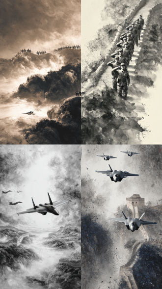 视觉冲击，水墨画晕染，粗旷，oc渲染，低景深，虚实层次，完美光影，笔触飘逸，8k超高清细节刻画，粒子飞溅，大师作品，歼二零战机编队，全副武装的解放军陆战队员敬礼头像，长城，华表，中国红与普鲁士蓝