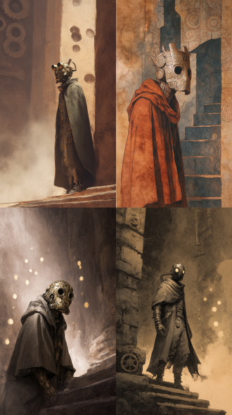 青铜面具, 机关斗篷, 断壁残垣, 青铜齿轮, 岩彩光斑, 水墨烟雾,