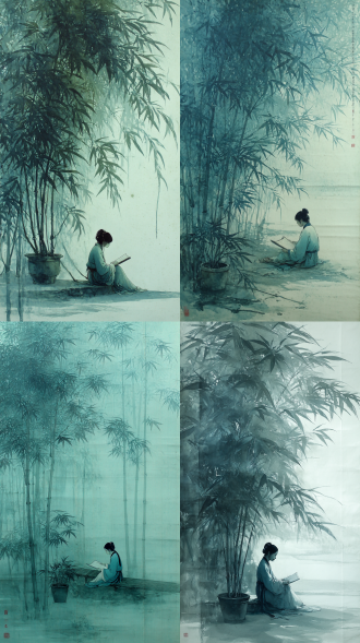 大写意、极淡泼墨、古风、一架文竹，极简唯美、宁静、朦胧、薄雾,蓝青色调，一位古装美女坐于竹下读书，大师构图，大面积留白。