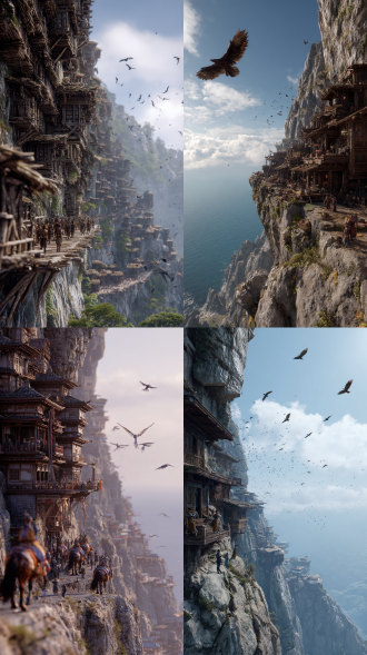 游戏场景设定，奇幻世界场景，一个悬崖边缘部落，建立在一片陡峭的悬崖之上，类似悬空寺，部落一座巨大建筑造型奇特壮观，建筑主要是木头搭建而成，原始部落的建筑风格，有很多个小建筑组成，附近的天空有异类鸟在飞，悬崖边有人正骑在异类鸟背上，鸟背上有装备鸟鞍，整体色调以灰色为主。远处景观也犹如仙境，辽阔，多彩，超现实写真，景深镜头，3d维度，细腻逼真，oc渲染，有些行人在活动