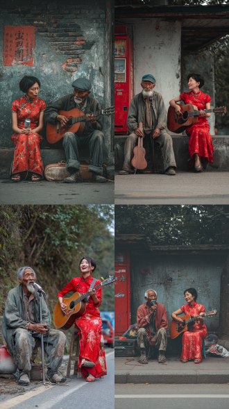 一位老大爷和一位美女坐在马路旁边，老大爷身穿破旧衣裳手里拿着麦克风美女身穿红色旗袍抱着吉他唱着歌曲童年老家生成图片