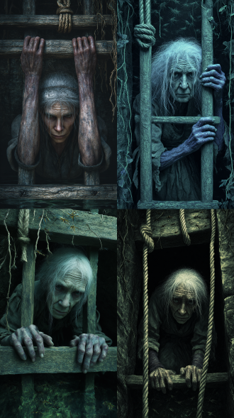 在废弃枯井深处，一位白发如雪、枯瘦佝偻的老年采药婆（粗布衣浸透污水，手臂布满青紫擦伤），十指死死抠住井壁腐朽的木梯横档，湿透的银发黏在沟壑纵横的脸上，浑浊双眼惊恐直视镜头，身后深井中污水翻涌着毒虫，头顶仅剩半截断裂的麻绳悬在井口，背景是渗水的青砖井壁与垂落的枯藤，写实电影质感，超高细节，湿冷青绿光影吞噬井底，营造窒息绝望的井下采药绝境，添加“药婆”文字元素强调身份。