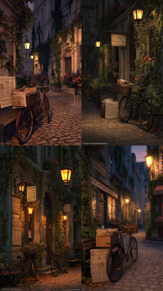 核心意象 欧洲中世纪石板街道，黄昏时刻暖黄街灯投射光晕。巴洛克建筑立面爬满常春藤，窗台天竺葵自然垂落。复古自行车停靠路边，车筐内褪色牛皮纸袋露出薰衣草干花。铸铁长椅散落旧报纸，头条标题模糊可见"环法赛"。 动态元素 - 秋风掠过街道，落叶形成螺旋轨迹 ​ - 常春藤叶片受气流影响轻微摆动 ​ - 自行车链条因锈蚀产生细微位移 ​ - 报纸页面翻动时产生褶皱 光影艺术 - 夕阳侧逆光在建筑立面形成锐利阴影 ​ - 街灯漫反射光填充街道暗部 ​ - 落叶表面反射辉光 ​ - 铸铁螺栓锈蚀处产生橙红色光斑 文化符号 - 建筑浮雕参考巴黎歌剧院风格 ​ - 街灯样式源自19世纪伦敦煤气灯 ​ - 自行车型号呼应环法赛黄金年代 意境营造 "时光的褶皱"——巴洛克建筑沧桑肌理与新艺术街灯柔美光晕结合，黄昏诗意与街道叙事交融，构建跨越时空的都市寓言。