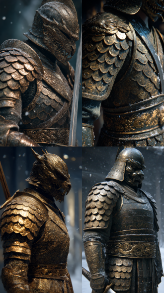 天兵天将重甲，全身覆盖层叠鱼鳞甲片，冷冽金属反光，肩部青铜吞肩兽造型凶悍，腰带浮雕盘龙纹，暗金色调与玄黑色交织，超高清8k画质展现甲片磨损划痕细节，电影级光影强化铠甲体积感，低角度仰视构图突显压迫性气势，盔甲表面凝结冰霜体现战场肃杀氛围，凶兽面部立体雕刻纹理清晰可见 手持长柄大刀背景大雪纷飞，白雪皑皑银装素裹分外妖娆