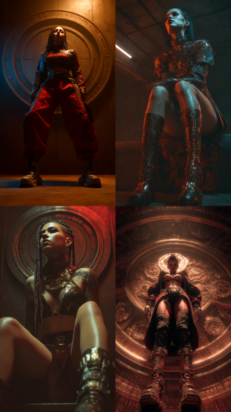 写真风格，超详细，暗金红蓝配色，复杂细节，全身像，低视角，死神，暗黑破坏神风格，符文全身，光明机械美学，工业级细节，电影级照明，8k分辨率，暖色调。拉丁女性