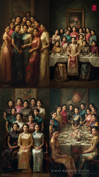 民国时期金陵十三钗群像，身穿华丽旗袍最后的晚餐风格。卷轴。写实主义，逼真，超高清分辨，4k，逼真照片效果，精细，超精细，数字人艺术，看到让人热澎湃，很迷人