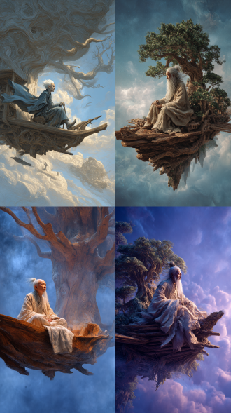 在超凡脱俗的仙境中，一位白发仙人姿态悠然地乘坐着由木桩精心打造而成的飞行器槎（巨大无比有一颗巨大树木雕刻而成）。仙人周身散发着神秘气息，衣袂飘飘，仿佛与周围神秘氛围融为一体，构成一幅如梦如幻的画面。