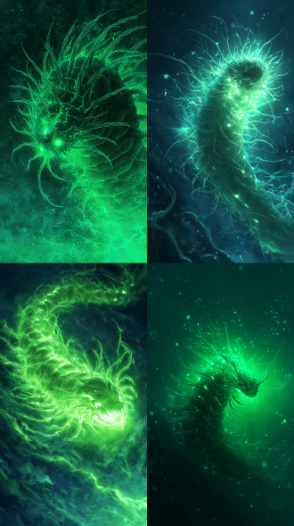 在深邃神秘的深海环境中，一只体型庞大到令人震撼的水蚯蚓以超写实动漫风格呈现，它全身散发着翠绿的光芒，作为拥有十万年魂兽的强大存在，正处于极具张力的攻击动态之中，仿佛下一刻就能爆发出惊人的力量。