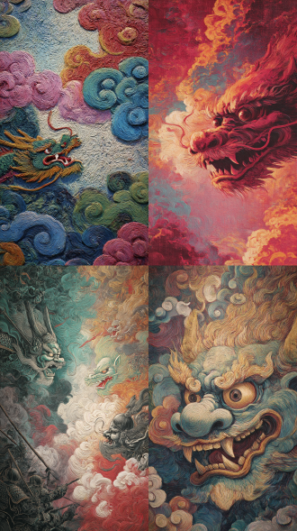 中式怪诞风格。画笔厚涂，笔触肌理感，丙烯颜料涂抹，画面通过细腻的笔触和丰富的色彩层次塑造主体与场景，质感真实，人与神天地大战，天空泛着五彩霞云，背景的光影效果营造出诡异凄美氛围，整体兼具艺术感，夸张的广角透视效果，对称构图