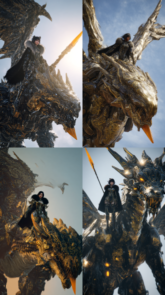 由无数机甲零件构建而成的有遮天蔽日翅膀的巨大魔龙，震撼，巨物，巨物恐惧，一个穿着黑色液态鎏金铠甲有蓝色能量纹路的黑色长发女子，站立在魔龙头上，尖锐护肩，复杂华丽金色龙纹，3s级镜面反射，黑色猎魔围脖披风随风飘动，巨大的长柄发光橙色荧光长枪前指，傲慢，真人写真摄影，细节拉满，高清纹理，逆光，巨大阴影