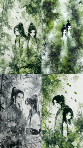 这是一幅具有浓郁国风色彩的抽象水墨画，采用水墨晕染效果，呈现出独特的艺术氛围。画面以梦核场景为主题，展现了一片在微风中轻轻摇曳的竹子林，其间偶有少量花瓣缓缓飘落。整体画面以绿色调为主，光影明亮，从高角度俯视构图，将竹子林的全貌尽收眼底。画面中间位置，是一对动漫风格的妖冶少年和少女，由水彩精心绘制而成，他们背靠背站立，有着明显的身高差，男高女低。少年少女皆是冷白皮肤，神情冷峻、冷酷且忧郁，拥有丹凤眼，垂眸间尽显慵懒之态。画面采用极致细节的极致厚涂技法，呈现出琉璃质感，使用流线笔刷绘制。他们有着黑色的头发，披头散发，身着汉服。画面整体运用柔光效果，带有流体质感，营造出梦幻且朦胧的氛围，低饱和度的色彩使画面更具韵味。背景则是繁花树木，与主体相互映衬。