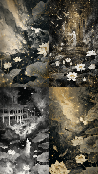 祭台为背景。图片风格为水墨，被影子拥抱的起舞女子，莲花，百鸟朝凤， 女子，一幅8k超高分辨率的艺术杰作，展现极致的细节和超凡的精细度。场景灵感来源于夜晚天上的宫阙，琼楼玉宇，雕梁画栋，璀璨星海，立体光效营造出神秘的氛围，同时点缀以淡雅的透明金光。整幅画作以逼真的细节和精湛的笔法精心渲染，呈现出一场视觉盛宴，众神，正面 cosplay阴郁系，黑色系，手绘插画金箔岩彩，镜头，镜头模糊，极具颗粒，磨砂质感，深渊之下，流淌，黑色，神秘，梦核，高级，笔墨触感，肌理质感，金丝纹理，高饱和度。图片风格为油画，图片风格为水彩画，