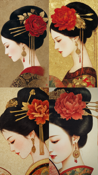 一幅细腻的中国工笔人物局部画，聚焦古典女子的发髻。乌黑秀发梳成典雅样式，插着金饰发簪，点缀红色大花，搭配精致步摇，耳饰小巧玲珑，尽显东方古典美与传统工艺的精湛 。
