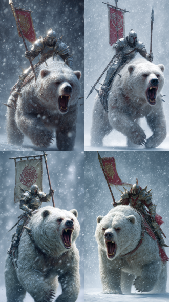奇幻风格，一个身经百战的铠甲骑士骑着巨大全身披有装甲战熊（战甲，尖刺。银色，攻击动作，反射光，漫反射，毛发细腻，伤痕），solo， 嘶吼，长矛，旗帜上有纹章，背景大雪纷飞，白雪皑皑银装素裹分外妖娆，写实风格，全景正面照，风格符合一致，画面冷暖强烈对比，极致微光，反光，反射，次表面材质，颗粒感，肌理感，电影质感镜头，8k超高清 ，oc 渲染，光影细腻，cg 厚涂，虚幻引擎 5 lumen 渲染。