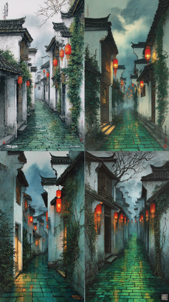 这是一幅极具东方美学意境的古巷画卷：青石板铺就的蜿蜒巷道在湿润的空气中泛着温润光泽，两侧错落有致的明清风格建筑群，飞檐翘角间悬挂着朱红色的宫灯，暖黄的光晕在薄暮中晕染开来。斑驳的白墙黛瓦上攀爬着苍翠的藤蔓，精雕细琢的木质窗棂半掩着，透出内室朦胧的烛光。远处雾气氤氲，层层叠叠的马头墙在暮霭中若隐若现，几株古槐的枝桠斜逸而出，为画面勾勒出灵动的轮廓。整幅画面通过明暗交错的灯光、虚实相生的空间布局，营造出"灯火阑珊处"的诗意境界，仿佛能听见更夫打更的梆子声在青石板上回荡，将观者带入一个遗世独立的江南梦境。