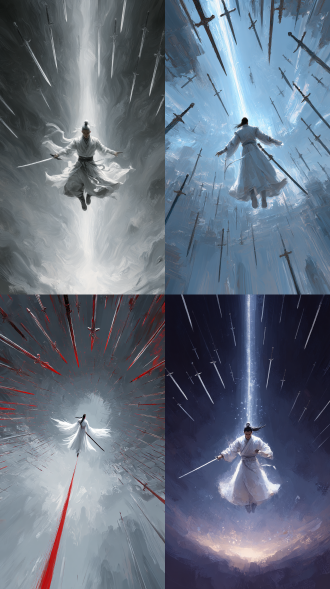 史诗武侠概念艺术，万剑归宗，天地失色，主角悬空闭目凝神施法，白衣无风自动，周身环绕磅礴而内敛的剑意光晕。意念所至，虚空中浮现亿万柄飞剑，剑身古朴，寒光闪烁，如星河倒悬，静默待命。刹那间，所有飞剑受无形神念牵引，剑尖一致对外，缓缓汇聚成一道连接天地的璀璨飞剑洪流。剑流缓缓转动，发出低沉剑鸣，虽未爆发，却蕴含着毁天灭地的恐怖威能，剑气撕裂长空，空间隐现褶皱，画面展现极致的宁静与即将爆发的无穷力量，聚焦主角超然的掌控力与万剑臣服的震撼场面，光影对比强烈，渲染出神圣而肃杀的氛围。极致压迫感，天神级威严，宏大叙事，液态颜料飞舞 抽象野兽派笔触 流动色彩风格 大画幅液态 颜料烟雾升腾 丙烯油画质感 色彩大胆冲击 背景前景交融 非传统构图 打破常规 人物巨大化 夸张动态捕捉 极致张力表现 镜头语言惊艳 液态肢体延伸 神性光晕扩散 空间扭曲震颤 能量波动具象化 颜料凝结神纹，压迫感窒息 震慑灵魂 威严不可亵渎 超凡入圣 功法具现化，极致细节刻画，loish流动艺术风格，液态颜料如缠绕翻腾，抽象野兽派笔触爆发，大画幅液态泼墨，浑身萦绕交织的颜料烟雾，厚重丙烯肌理与油画刮刀质感，颜料涂抹层次分明，背景与人物混沌交融，打破传统构图，极端仰视视角，人物占据画面四分之三，万千飞剑与真气在周身形成颜料爆炸效果，背景扭曲成漩涡状交织的颜料洪流，每一笔颜料飞溅都蕴含镇压天地的神魔之力