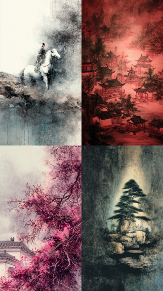 中式怪诞风格，水墨质感，工笔勾勒，如梦如幻，展现神话与传说的神秘感，大场景，绚丽的画面，画面通过细腻的笔触和丰富的色彩层次塑造主体与场景，质感逼真，背景的光影效果营造出诡异凄美氛围，整体兼具艺术感，