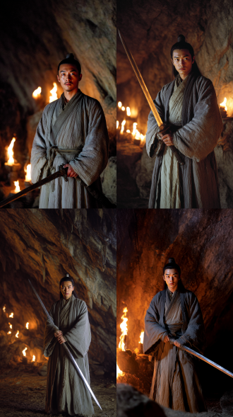 山洞内，黑暗，粼火， 令狐冲，神色紧张，二十六七岁，，灰色衣袍，方脸剑眉，手持长剑 明代古装，影视风格
