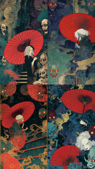 浮世绘线条+诡异光影+水墨晕染，半透明妖异肌理，怪诞，浓郁靛蓝为主色调，辅以朱砂红、藤黄撞色，金箔点缀高光，暗部融入墨黑与深紫，亮部叠加青翠绿，整体呈现浮世绘特有的斑驳褪色质感，局部用荧光色强化妖异感，亮调，瞳孔发光+肢体扭曲，背景穿插能剧面具/纸伞/百目鬼元素，高对比度色彩碰撞，超现实构图。红伞少女白发
