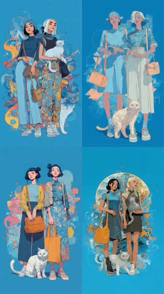 两个lnplick的风格的女孩和她的包包，波斯猫，立体的画面，穆夏元素，全身，新国风，时尚，前卫，清晰的插图，大胆前卫的线条，蓝色背景，抽象涂鸦风格前景，纯色背景，画面呈现becca doodlefly、sandara tang和天野喜孝的混合艺术特征。8k清晰度，蓝色背景，画面干净，没有文字