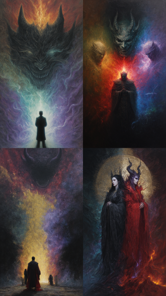 神明世界，暗黑系，一善一恶化仙魔，一前一后站位，魔化，现实主义，能量光罩，神秘空间，天野寿比风格，油画写实风，黑金红蓝绿紫色，光效光暗分明。