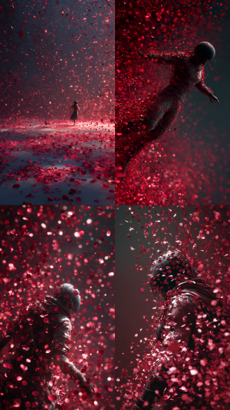 主体人物身上变出一大团微小深红色花瓣，花瓣向外爆炸式扩散，主体人物身体随之从四肢开始逐渐瓦解，化作无数红色粒子轻盈飘散，最终人物完全消散在漫天飞舞的花瓣中，人物完全消失，写实风格，电影光效