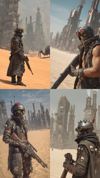 场景：一片荒芜的沙漠，沙粒是黑灰色的，带有金属光泽，仿佛被高温炙烤过。沙漠中矗立着废弃的高楼残骸，建筑表面布满了弹孔和裂痕，墙壁上涂鸦着朋克风格的标语和符号，如无政府标志、骷髅图案等。远处有一座巨大的工厂废墟，烟囱中冒着绿色的有毒烟雾，工厂的大门扭曲变形，周围缠绕着生锈的铁丝网。 ◦人物：一名废土流浪者，身着破旧的皮质风衣，风衣上挂满了各种金属饰品，如链条、徽章、齿轮等，随着人物的行动发出清脆的碰撞声。头戴一顶破旧的摩托车头盔，头盔上安装着红色的探照灯和天线，天线顶端有一个闪烁的红色信号灯。脸上戴着一副护目镜，镜片是黄色的，能过滤有毒气体。手中拿着一把改装过的步枪，枪身由废铁和骨头拼凑而成，枪管上刻着神秘的符文，枪托处镶嵌着一块发光的能量晶体。 ◦生物：在沙漠中，有一些变异的生物。比如一只巨大的蜘蛛，身体是黑色的金属质感，八只脚的关节处冒着蒸汽，眼睛是红色的发光球体。蜘蛛的背上驮着一个小型的炮台，炮台不断旋转，发射出绿色的激光束。还有一群飞行的机械乌鸦，乌鸦的身体是由废弃的电路板和金属片组成，翅膀扇动时发出尖锐的噪音，嘴里吐出黑色的烟雾。