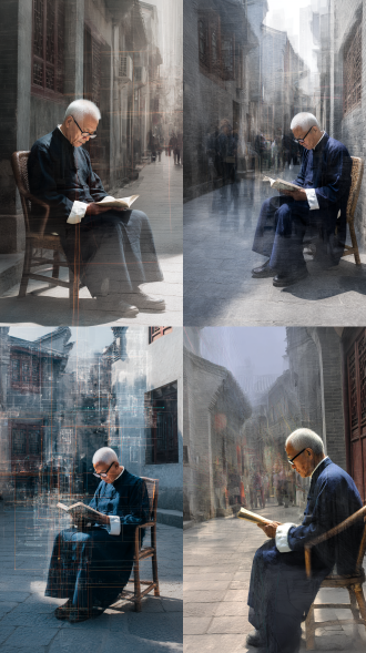 多重曝光摄影作品，城市人物剪影，白发老人（深蓝色中式长衫，白色领口袖口镶边，黑框老花镜），坐藤椅手持线装书低头专注阅读，古老街巷（青石板路面灰色线条光影表现纹理，古旧建筑斑驳灰褐墙壁，深褐色木质门窗雕花），城市变迁影像（淡灰色线条勾勒老城区黑白照片，彩色线条光影呈现现代城市发展新闻报道画面），逆光为主侧光为辅（逆光突出主体轮廓厚重感，侧光照明部分细节增加立体感，不同光线区分影像），黑白灰主色调（少量彩色突出城市变迁对比），展现文化传承与城市记忆主题