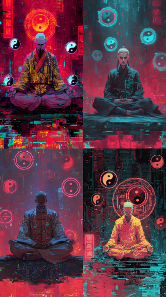 专业级绘画作品，32k高清晰度，赛博朋克风格的道士盘腿打坐，身着带有发光电路纹路的道袍，周围环绕悬浮的八卦、阴阳符号，符号边缘有故障风的数字失真效果和闪烁的数字代码，背景为暗红色调的赛博朋克都市夜景，霓虹灯光与故障风纹理交织，道士神情专注，周身散发着淡淡的光晕，整体色彩高对比、高饱和度，充满动感与神秘感，具有大师级获奖作品水准。阴阳符号的故障风效果不同，背景霓虹灯光布局有差异