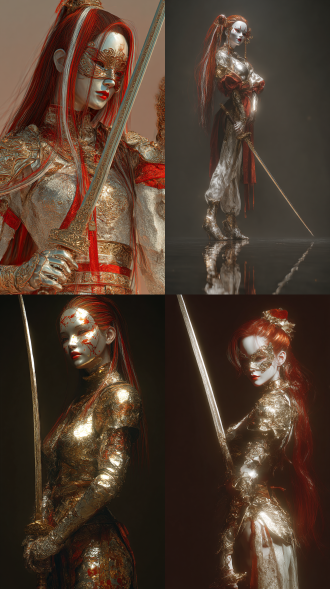 一个身体修长挺拔的美女剑客，银金红色，绯红与白色挑染荧光鬼火长发，面具尖锐感，特长复杂华丽唐横刀，明暗对比，pbr材质肌肤，伦勃朗光，高反光，镜面折射，金色荧光飞舞，层次感，轮廓光，迷蒙光，
